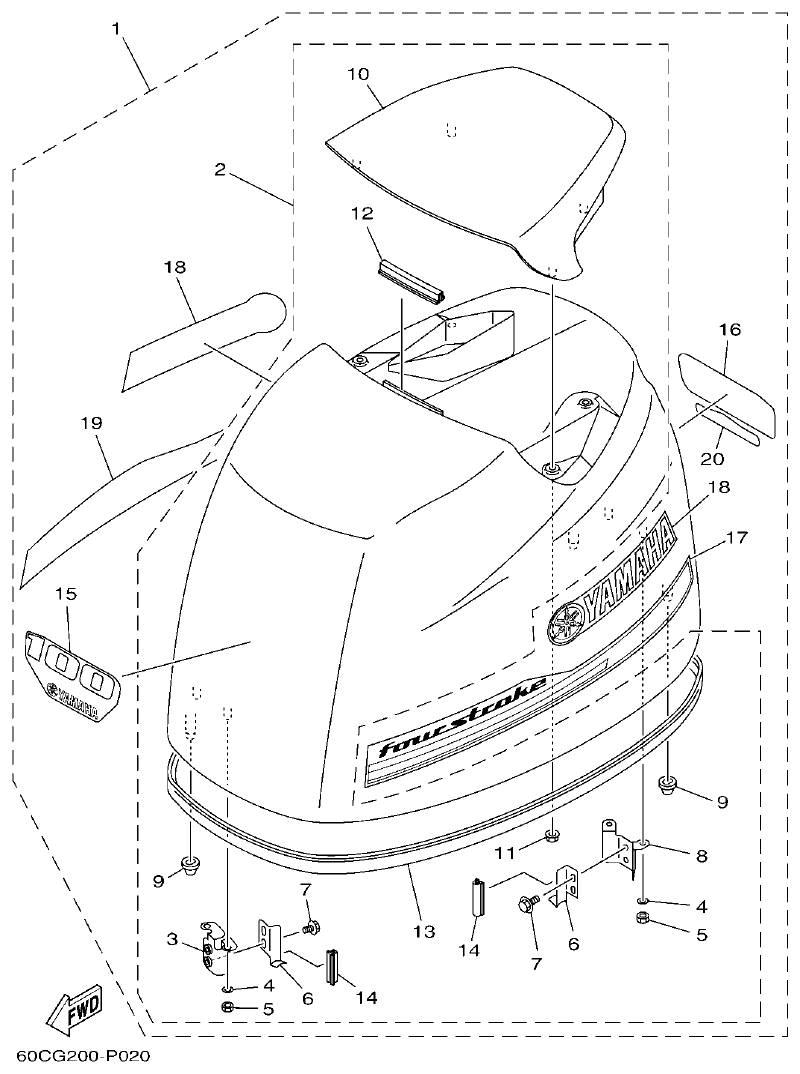Yamaha F100BET TOP COWLING parts diagram